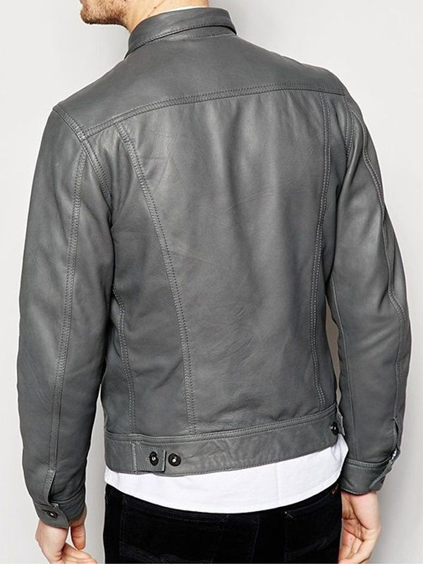 Mens Retro Men Gray Leather Trucker Jacket Free Shipping UK USA Canada