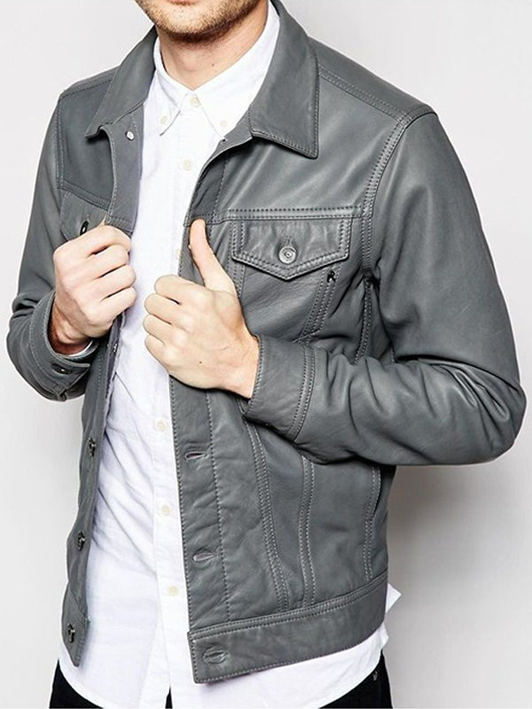 Mens Retro Men Gray Leather Trucker Jacket