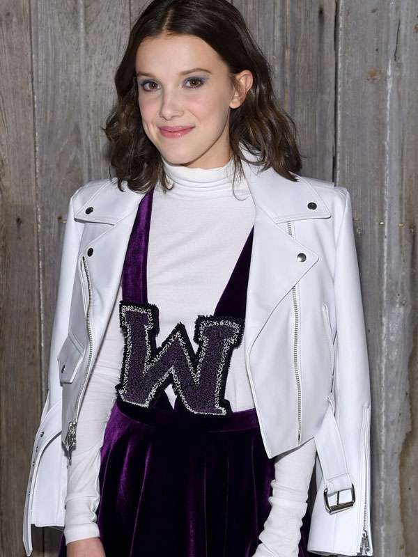Millie Bobby Brown NYFW White Biker Leather Jacket