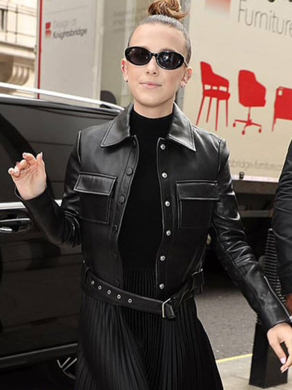 Millie Bobby Classic Biker Black Leather Jacket Black Friday Sale
