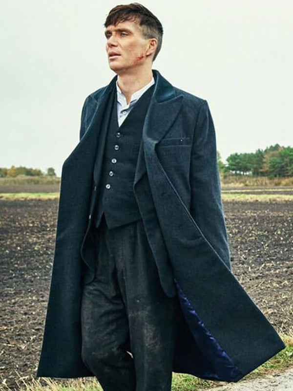 Peaky Blinders Tommy Shelby Blue Wool Trench Coat on Sale