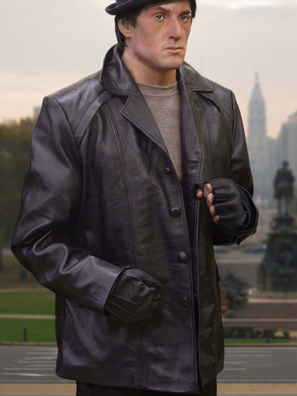 Rocky Sylvester Stallone Black Leather Coat Free Shipping Worldwide