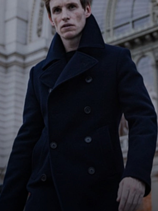 The Day of the Jackal Eddie Redmayne Black Wool PeaCoat New Year Sale