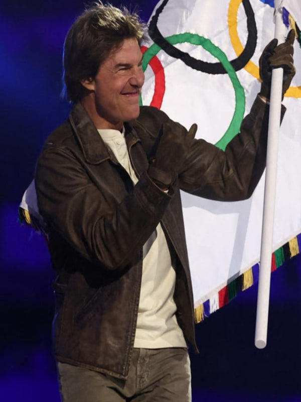 Tom Cruise Paris Olympics Brown Leather Jacket Hot Sale
