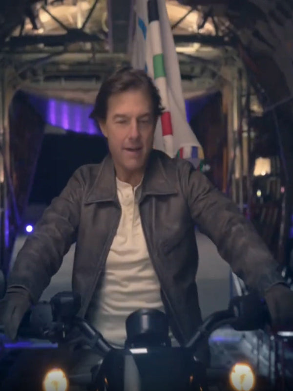 Tom Cruise Paris Olympics Brown Leather Jacket Winter Sale
