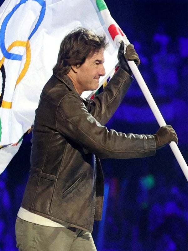 Tom Cruise Paris Olympics Brown Leather Jacket herren lederjacke
