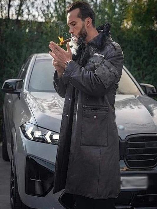 Tristan Tate Brown Shearling Collar Cobra Leather Coat Christmas Sale