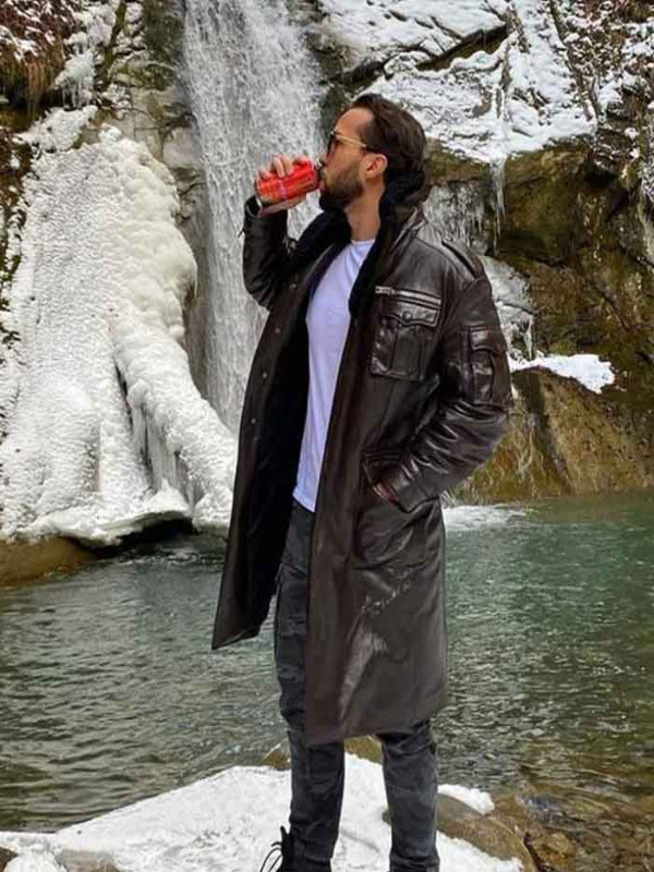 Tristan Tate Brown Shearling Collar Cobra Leather Coat Gifts for Him