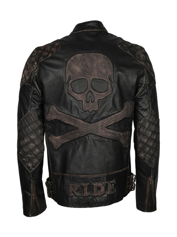 Vintage Distressed Skull Embossed Motorcycle Leather Jacket Free Shipping USA UK Germany France