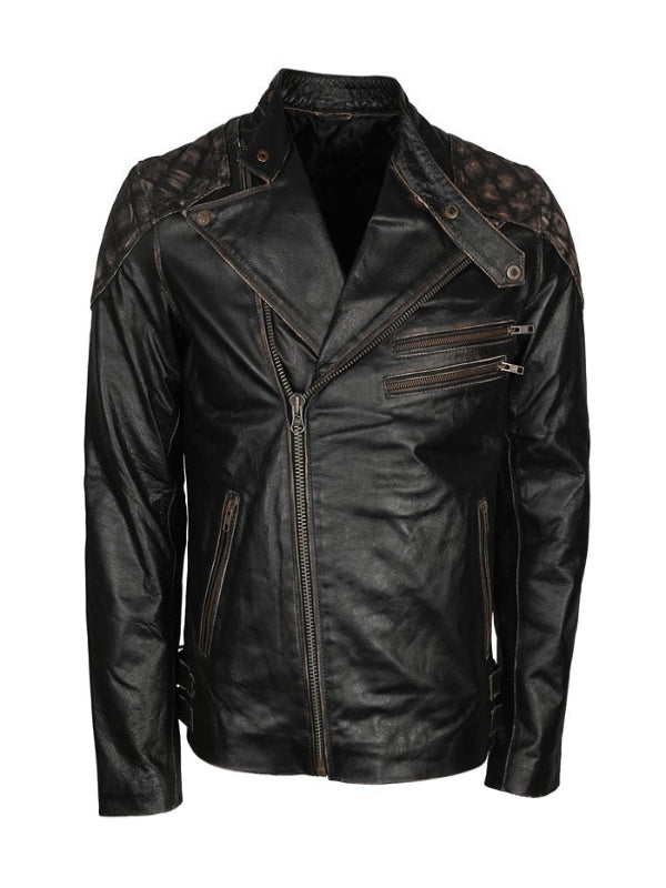 Vintage Distressed Skull Embossed Motorcycle Leather Jacket