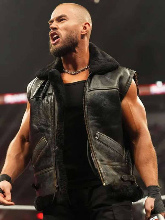 Austin Theory WWE Black Shearling Leather Vest