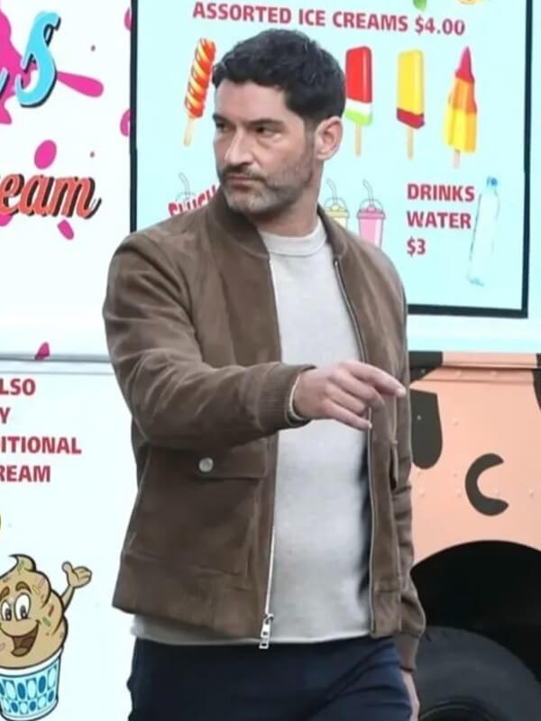 CIA 2026 Tom Ellis Brown Suede Bomber Jacket