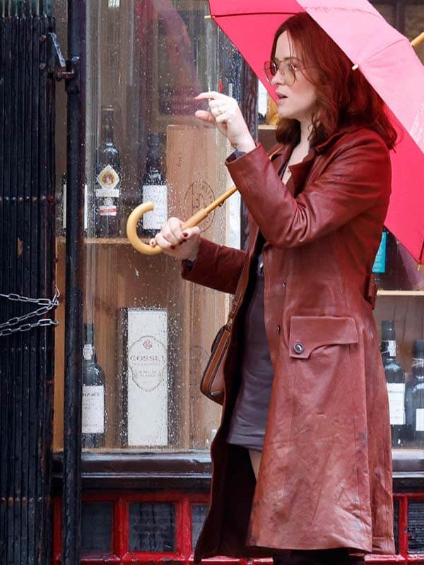 Ink 2026 Claire Foy Burgundy Leather Coat