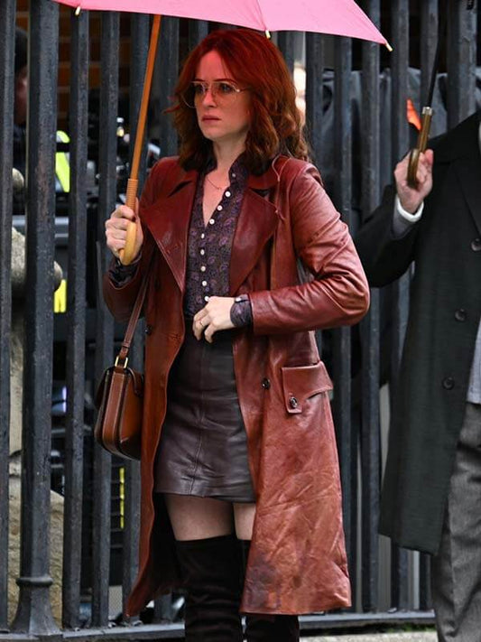 Ink 2026 Claire Foy Burgundy Leather Coat