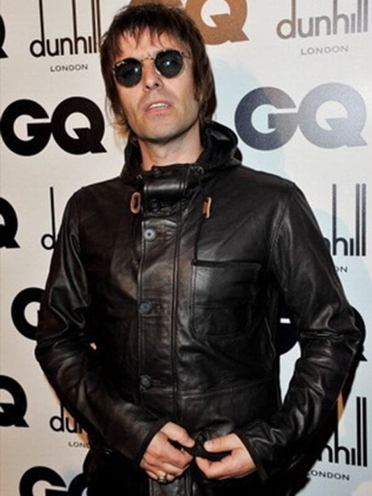 Liam Gallagher Black Leather Hooded Jacket