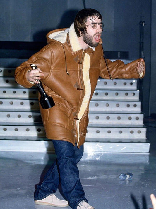 Liam Gallagher Brown Leather Shearling Coat