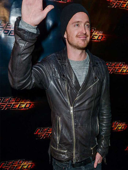 Aaron Paul Need For Speed Black Leather Jacket Celebrity Outfits
