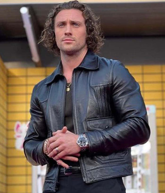 Aaron Taylor Bullet Train Black Leather Jacket Black Friday Sale