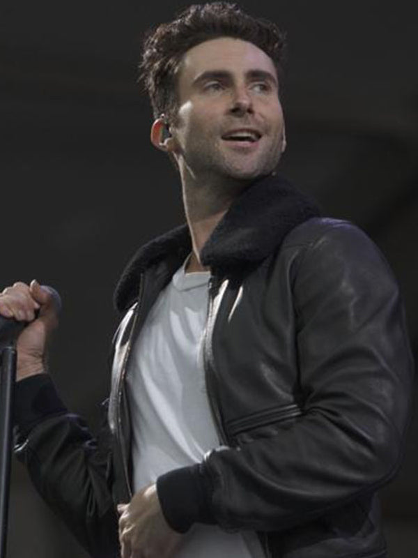 Adam Levine Bomber Aviator Black Leather Jacket Free Shipping UK USA Canada