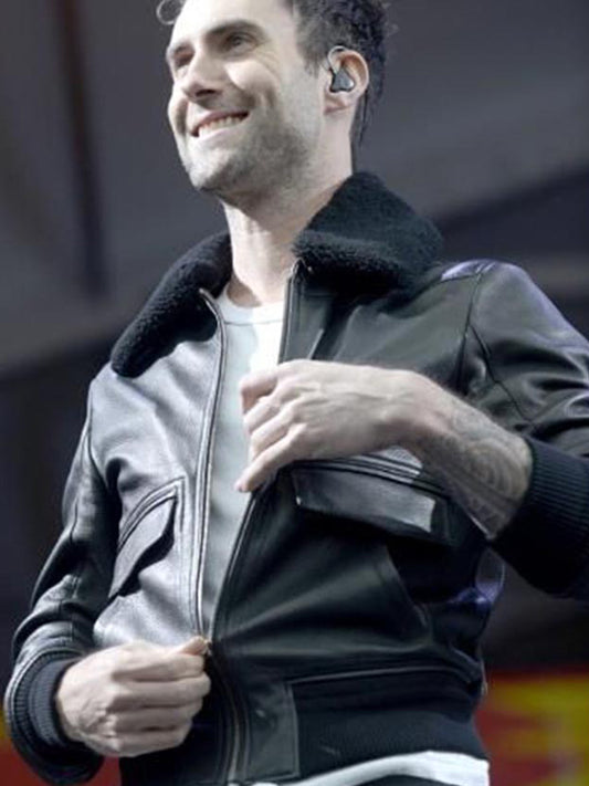 Adam Levine Bomber Aviator Black Leather Jacket