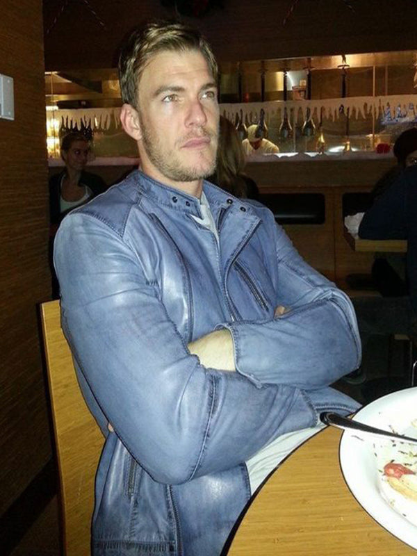 Alan Ritchson Biker Blue Leather Jacket Motorrad Jacke