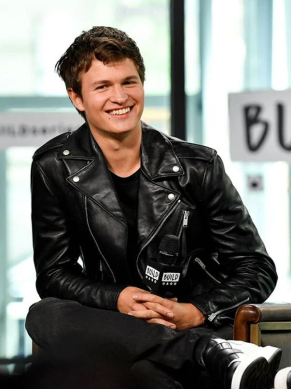 Ansel Elgort Biker Black Leather Jacket Free Shipping UK USA Canada
