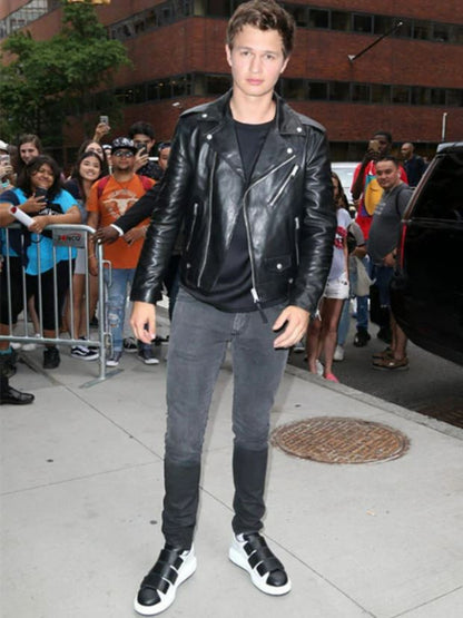 Ansel Elgort Biker Black Leather Jacket Shop now