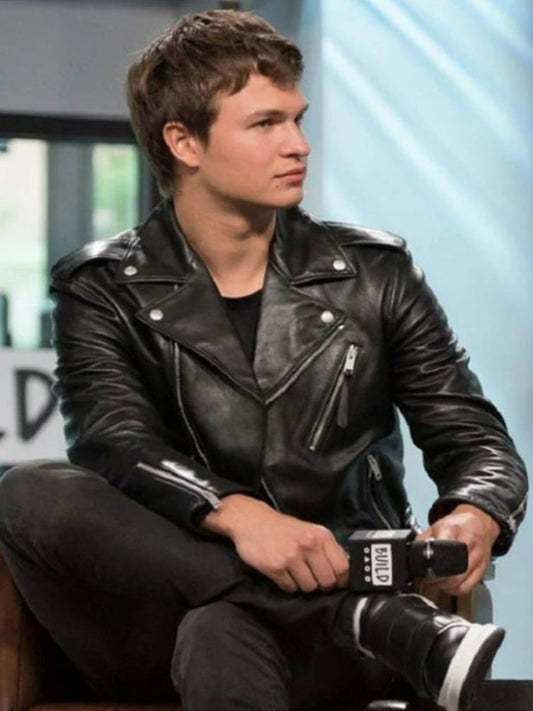 Ansel Elgort Biker Black Leather Jacket