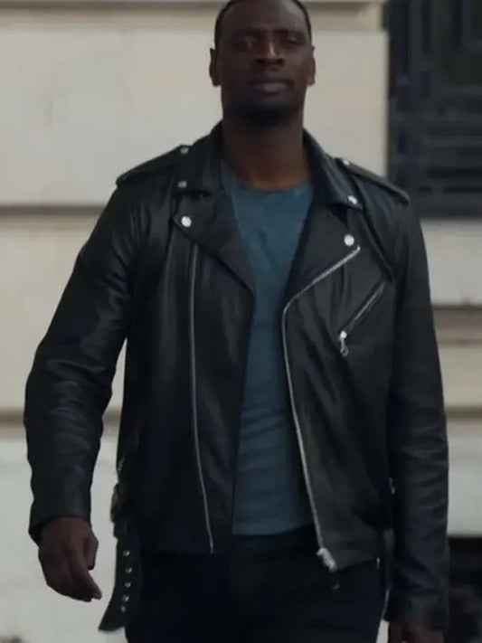 Assane Diop Lupin Biker Black Leather Jacket Black Friday Sale