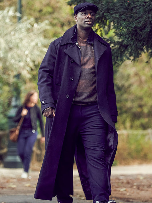 Assane Diop Lupin Trench Black Wool Coat