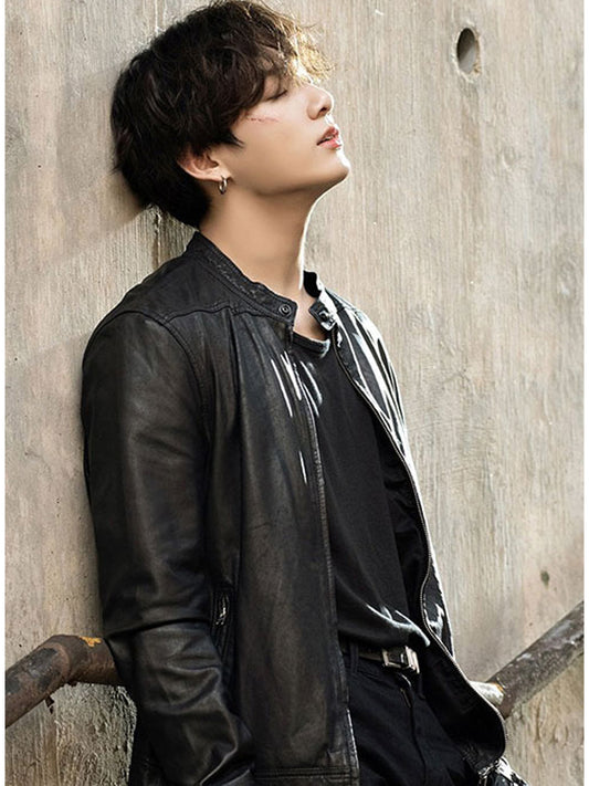 BTS Jungkook Korean Black Leather Biker Jacket Free Shipping UK USA Canada