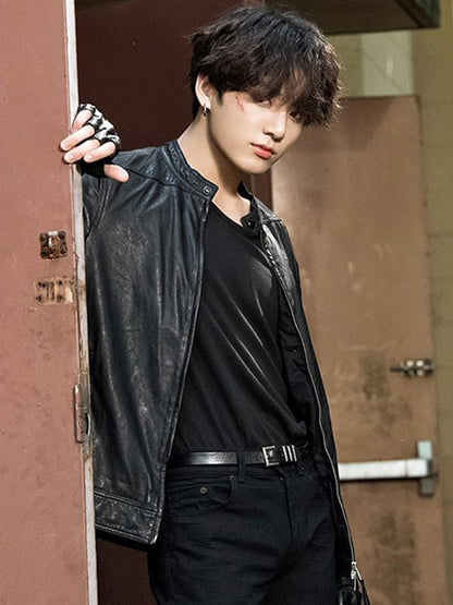 BTS Jungkook Korean Black Leather Biker Jacket Shop now