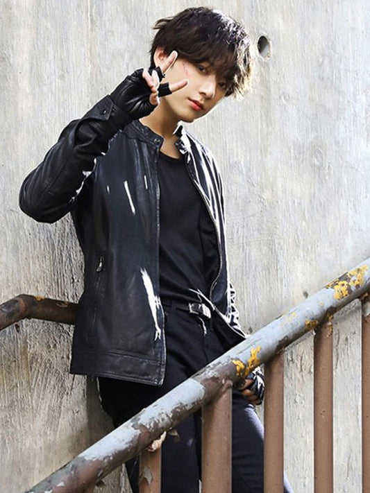 BTS Jungkook Korean Black Leather Biker Jacket