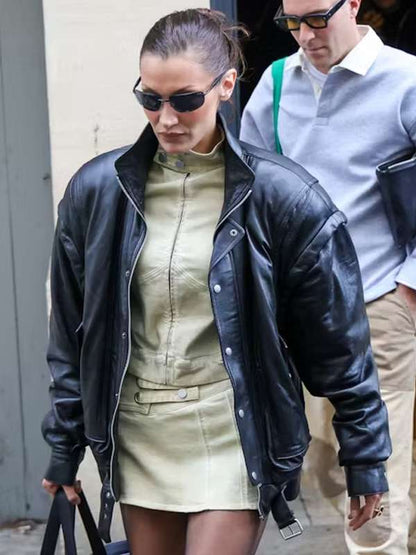 Bella Hadid NY Black Leather Jacket Free Shipping UK USA Canada
