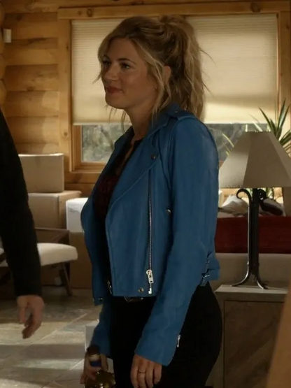 Big Sky Jenny Hoyt Blue Biker Leather Jacket Celebrity Outfits