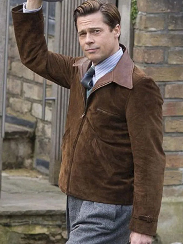 Brad Pitt Allied Brown Leather Suede Jacket New Year Sale