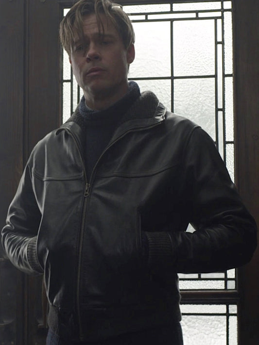Brad Pitt Allied Classic Black Leather Jacket Free Shipping UK USA Canada