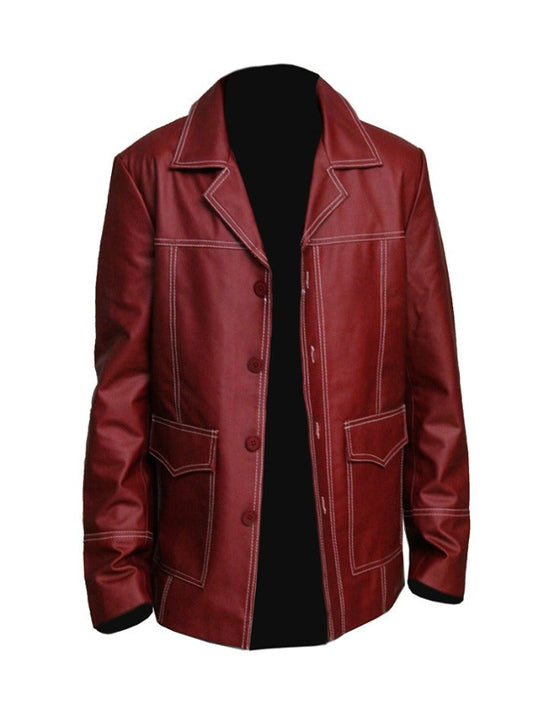 Brad Pitt Fight Club Leather Jacket Tyler Durden Maroon Coat Free Shipping UK USA Canada