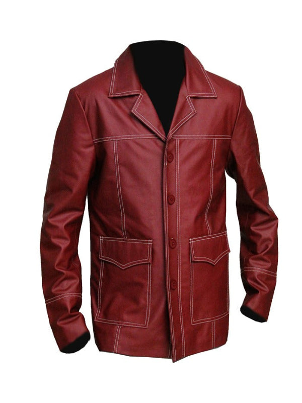 Brad Pitt Fight Club Leather Jacket Tyler Durden Maroon Coat Hot Sale Christmas