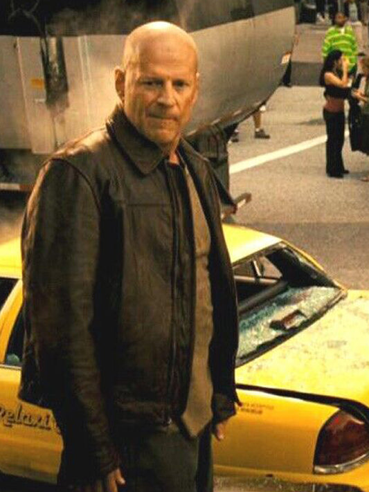 Bruce Willis Die Hard 4 Brown Distressed Leather Jacket Shop now