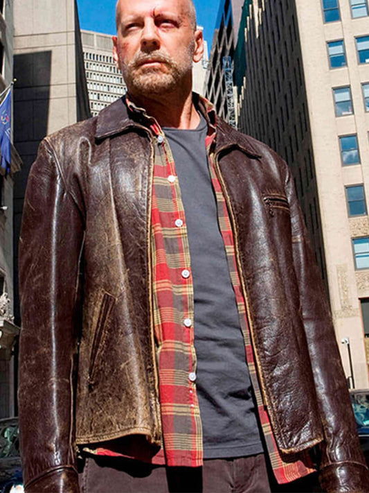 Bruce Willis Surrogates Brown Distressed Leather Jacket