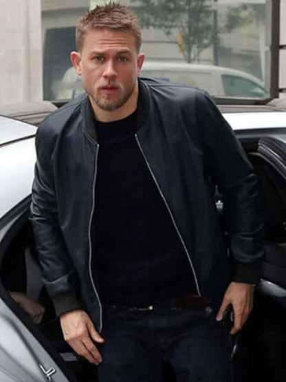 Charlie Hunnam Blue Bomber Leather Jacket New Year Sale