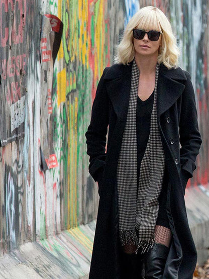 Charlize Theron Atomic Blonde Trench Wool Black Coat Easter sale