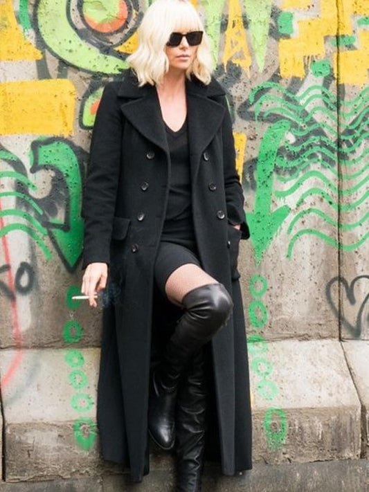 Charlize Theron Atomic Blonde Trench Wool Black Coat Free Shipping UK USA Canada
