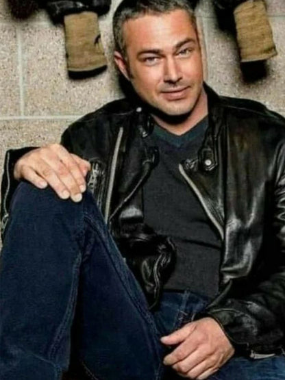 Chicago Fire Taylor Kinney Black Leather Biker Jacket Christmas Sale