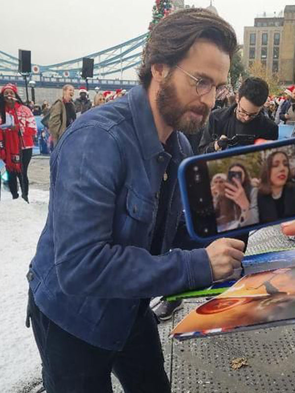 Chris Evans Red One Premiere Blue Suede Leather Jacket Celebrity Outfits