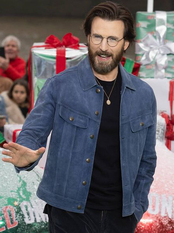 Chris Evans Red One Premiere Blue Suede Leather Jacket Free Shipping USA Canada Australia