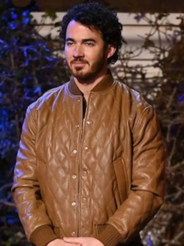 Claim to Fame Kevin Jonas Quilted Bomber Brown Leather Jacket