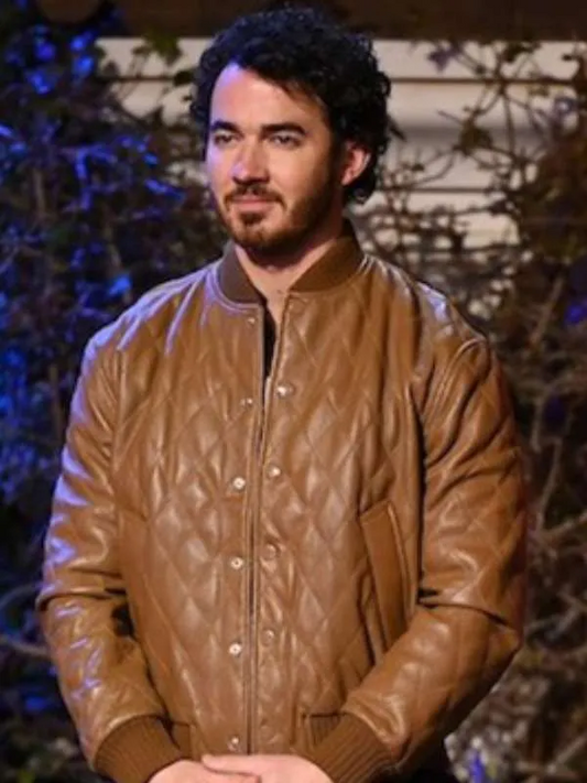 Claim to Fame Kevin Jonas Quilted Bomber Brown Leather Jacket