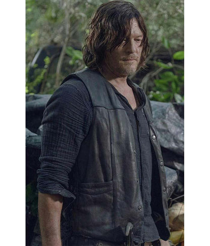 Daryl Dixon The Walking Dead Biker Black Leather Vest Black Friday Sale